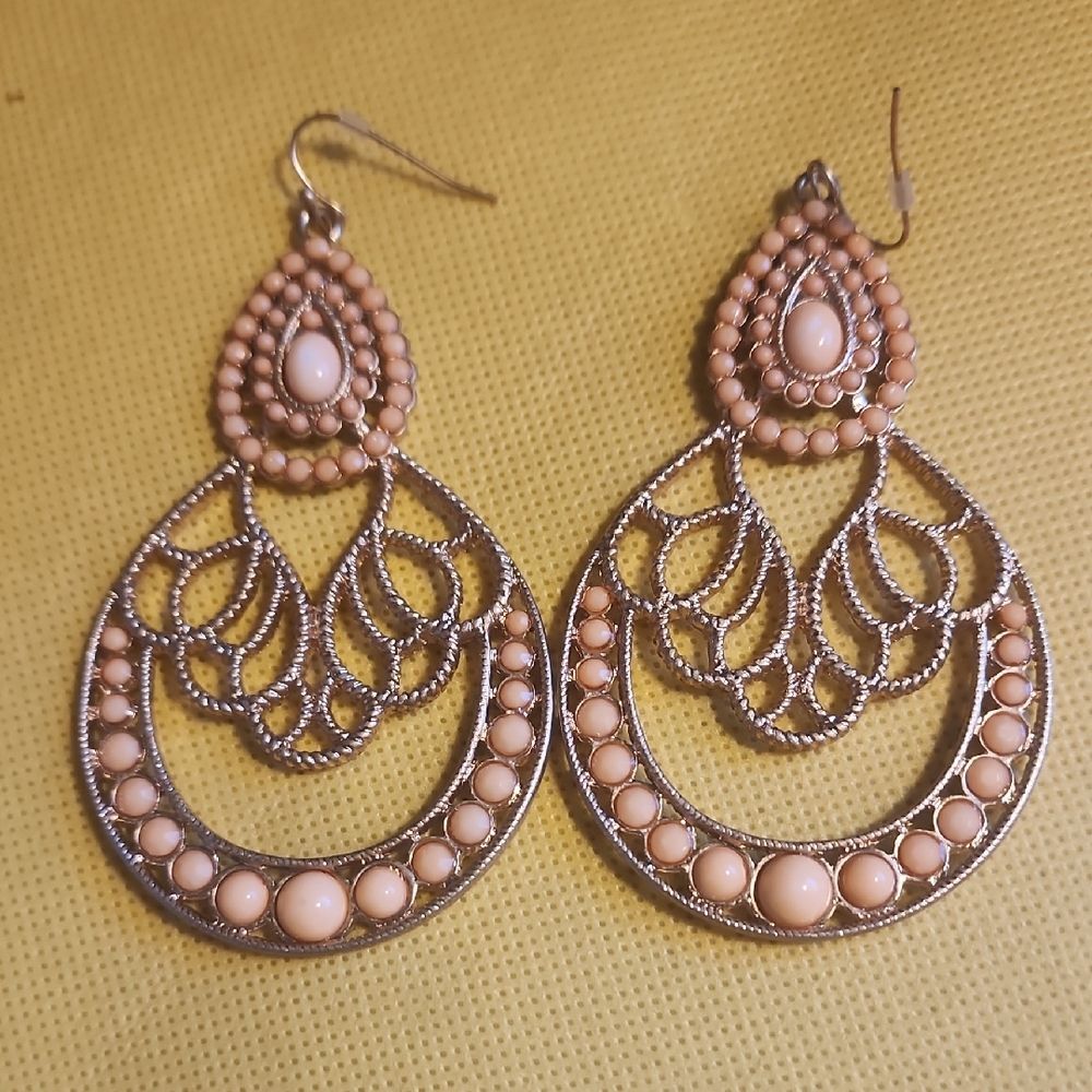Elegant Peach Bead Filigree Dangle Earrings - Women Jewelry